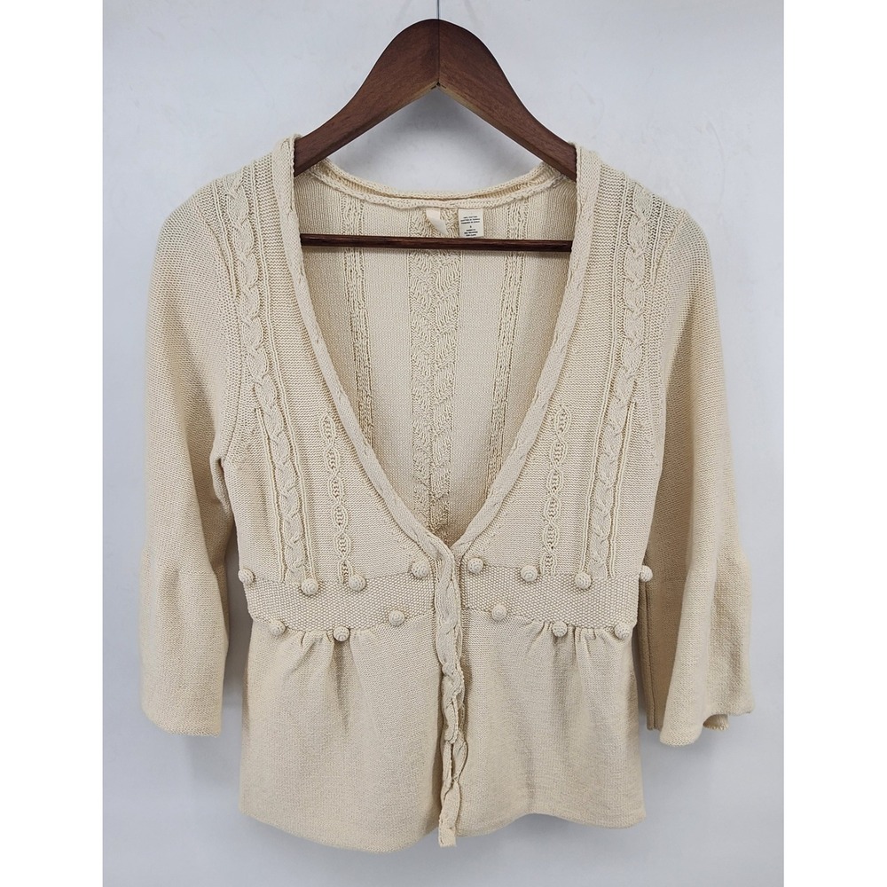 Moth Anthropologie Cream Cotton Cable Knit Pom Pom Bell Sleeve Cardigan S